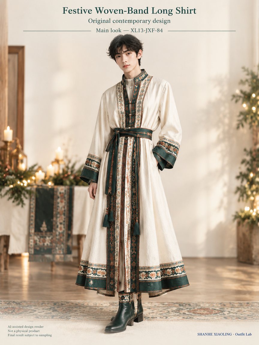 Festive Woven-Band Long Shirt — Woven · Mixed — Cotton-linen · Wool · Twill · Yarn + cloth