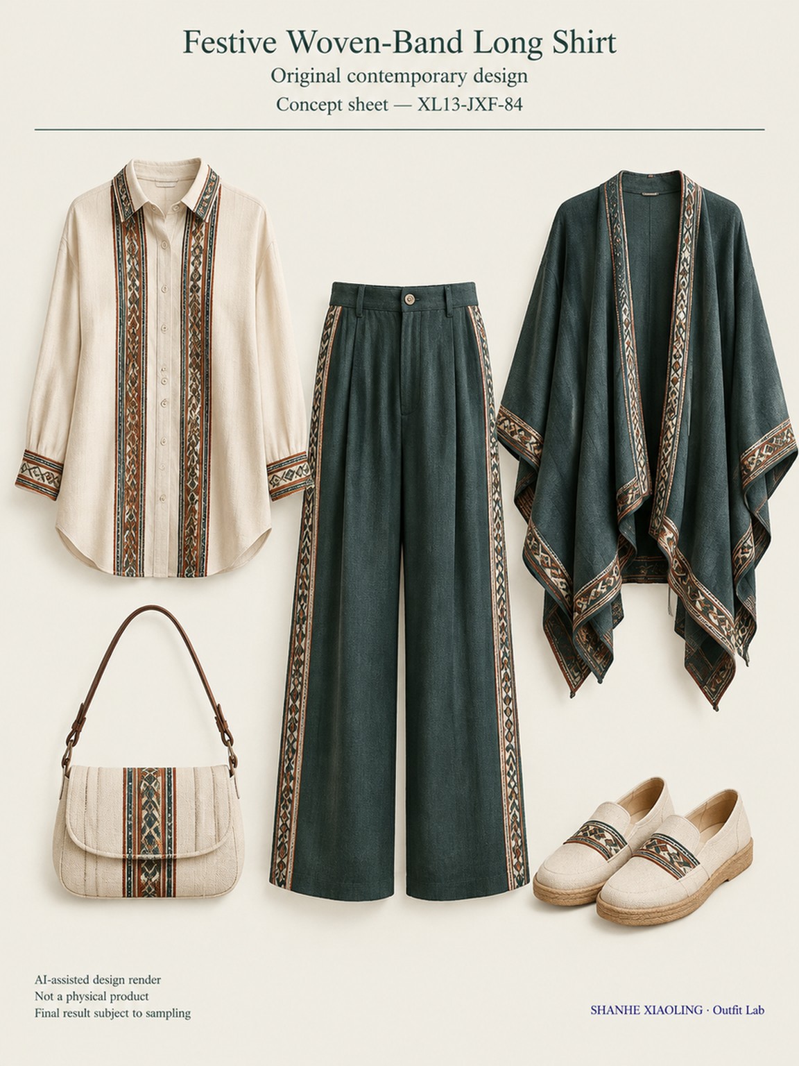 Festive Woven-Band Long Shirt — Woven · Mixed — Cotton-linen · Wool · Twill · Yarn + cloth