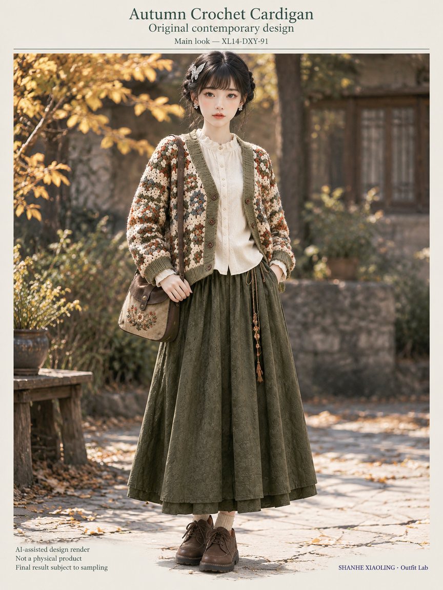 Autumn Crochet Cardigan — Woven · Crochet · Embroidery · Quilted — Chunky yarn · Cotton-linen · Wool · Twill · Embroidery thread · ground cloth · Quilted cotton · Wadding