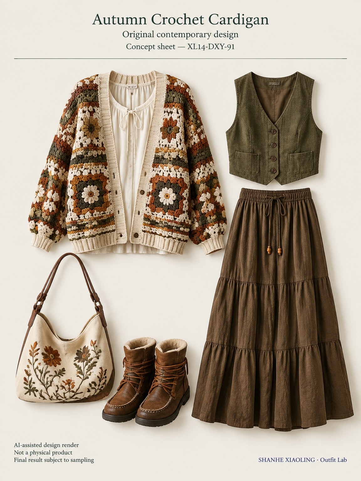 Autumn Crochet Cardigan — Woven · Crochet · Embroidery · Quilted — Chunky yarn · Cotton-linen · Wool · Twill · Embroidery thread · ground cloth · Quilted cotton · Wadding