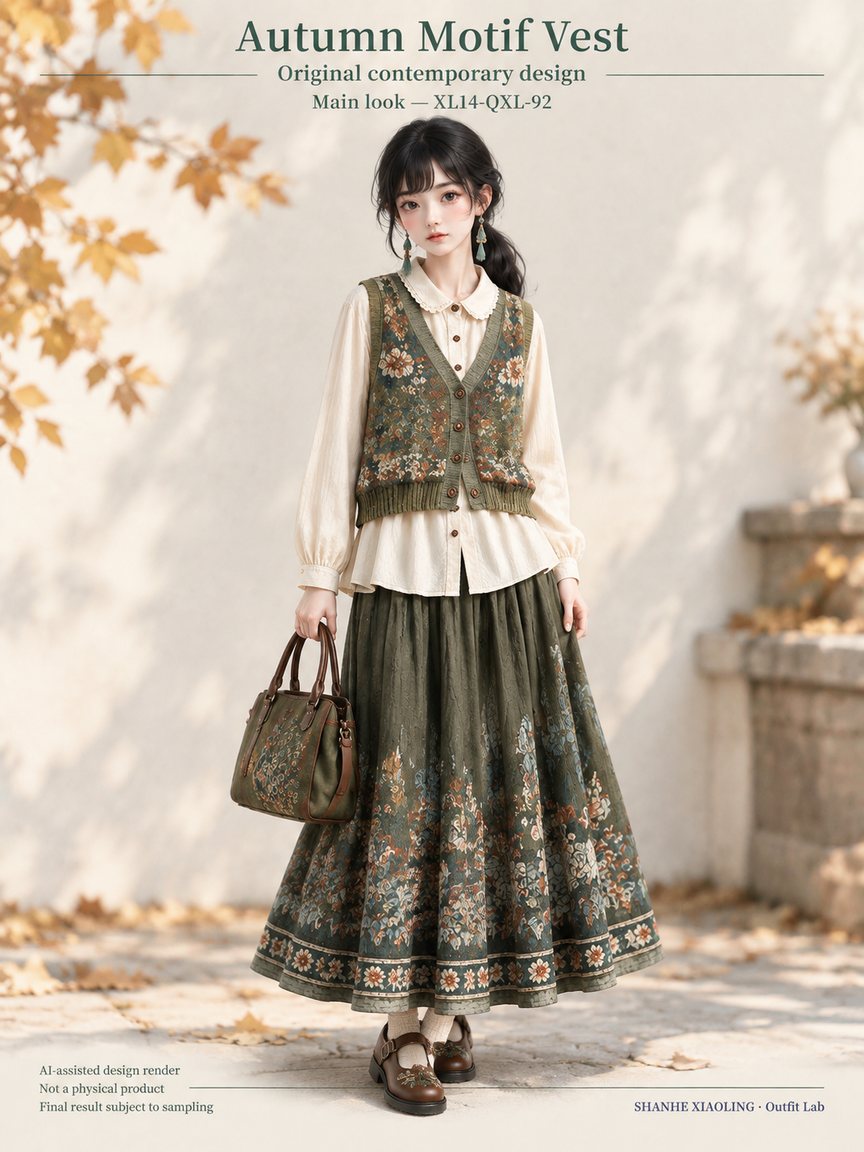 Autumn Motif Vest — Woven · Crochet · Embroidery — Chunky yarn · Cotton-linen · Wool · Twill · Embroidery thread · ground cloth