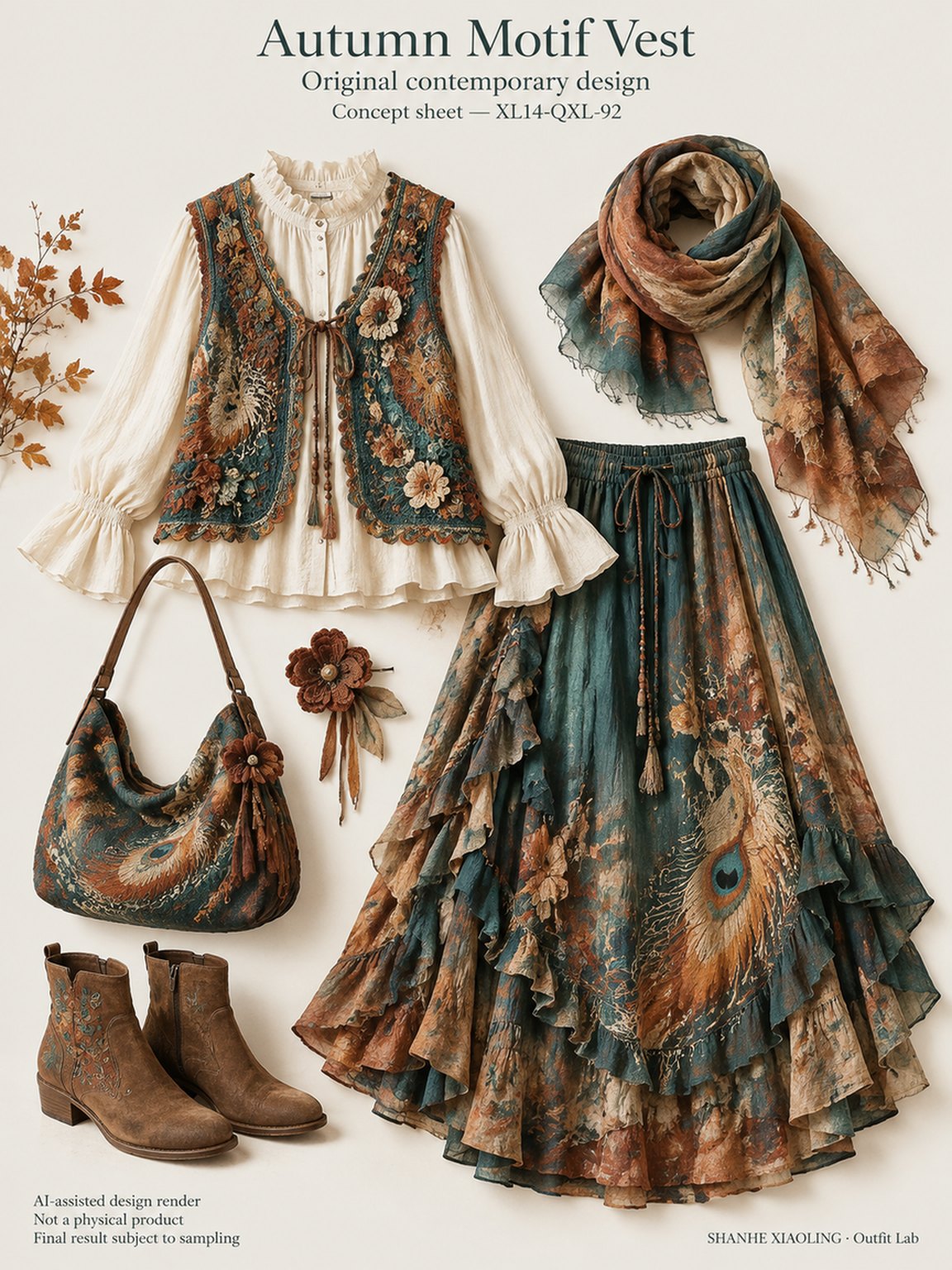 Autumn Motif Vest — Woven · Crochet · Embroidery — Chunky yarn · Cotton-linen · Wool · Twill · Embroidery thread · ground cloth