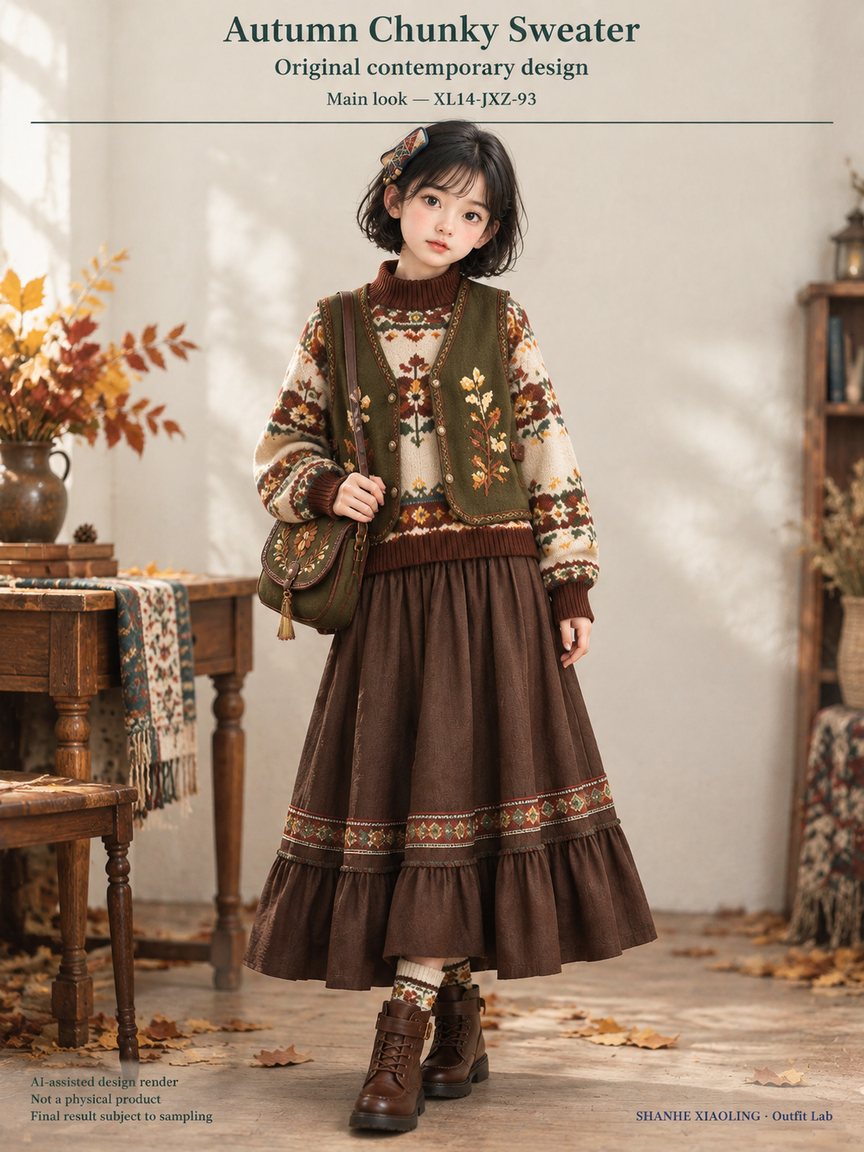 Autumn Chunky Sweater — Woven · Crochet · Embroidery · Mixed — Chunky yarn · Cotton-linen · Wool · Twill · Yarn + cloth · Embroidery thread · ground cloth
