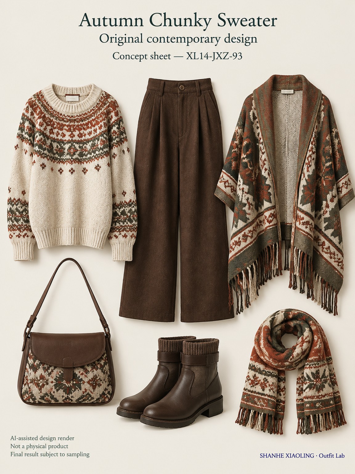 Autumn Chunky Sweater — Woven · Crochet · Embroidery · Mixed — Chunky yarn · Cotton-linen · Wool · Twill · Yarn + cloth · Embroidery thread · ground cloth