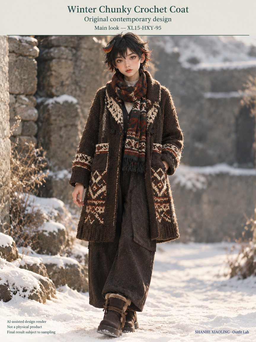 Winter Chunky Crochet Coat — Woven · Crochet · Embroidery · Quilted — Chunky yarn · Cotton-linen · Wool · Twill · Embroidery thread · ground cloth · Quilted cotton · Wadding