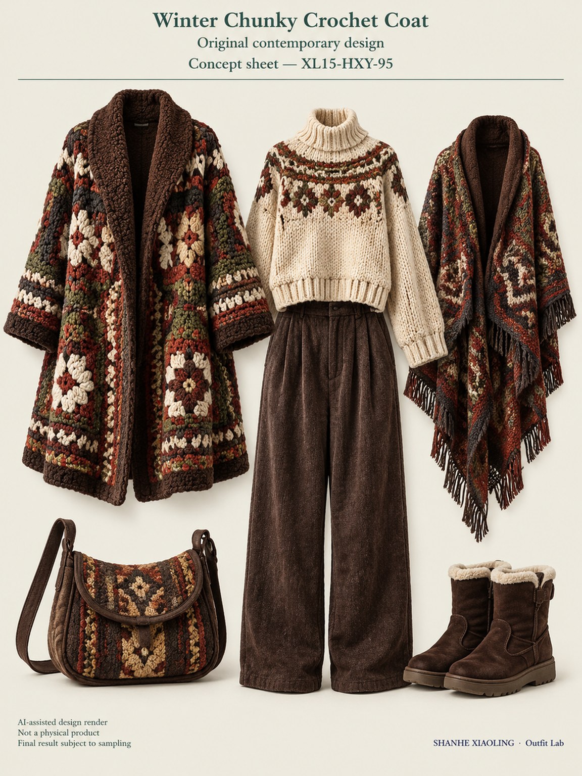 Winter Chunky Crochet Coat — Woven · Crochet · Embroidery · Quilted — Chunky yarn · Cotton-linen · Wool · Twill · Embroidery thread · ground cloth · Quilted cotton · Wadding