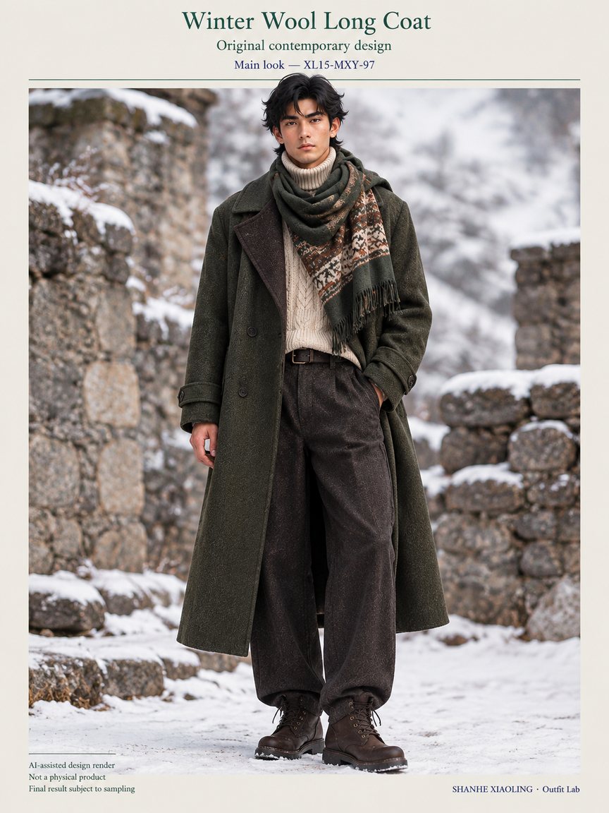 Winter Wool Long Coat — Woven · Crochet · Mixed — Cotton-linen · Wool · Twill · Chunky yarn · Yarn + cloth