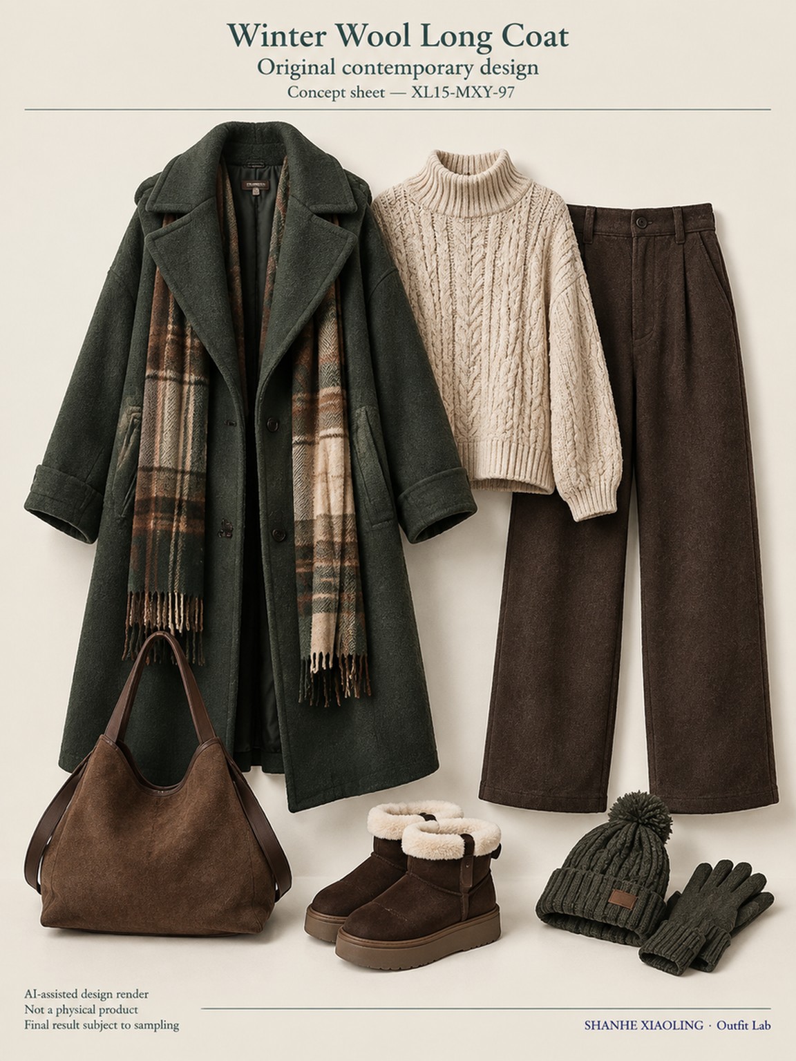 Winter Wool Long Coat — Woven · Crochet · Mixed — Cotton-linen · Wool · Twill · Chunky yarn · Yarn + cloth