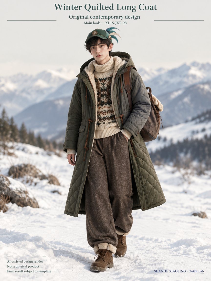 Winter Quilted Long Coat — Woven · Crochet · Quilted · Mixed — Quilted cotton · Wadding · Chunky yarn · Cotton-linen · Wool · Twill · Yarn + cloth