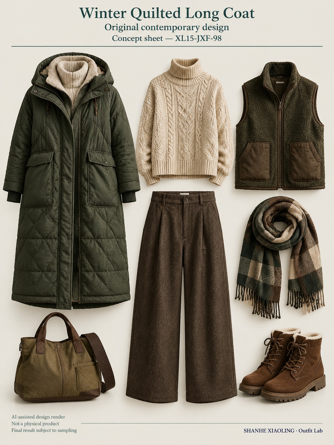 Winter Quilted Long Coat — Woven · Crochet · Quilted · Mixed — Quilted cotton · Wadding · Chunky yarn · Cotton-linen · Wool · Twill · Yarn + cloth